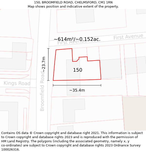 150, BROOMFIELD ROAD, CHELMSFORD, CM1 1RN: Plot and title map