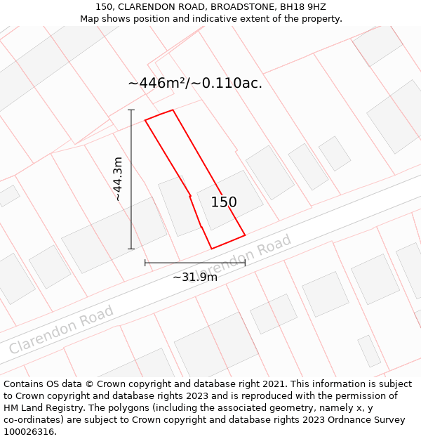 150, CLARENDON ROAD, BROADSTONE, BH18 9HZ: Plot and title map