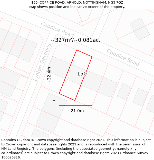 150, COPPICE ROAD, ARNOLD, NOTTINGHAM, NG5 7GZ: Plot and title map