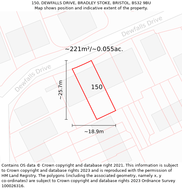 150, DEWFALLS DRIVE, BRADLEY STOKE, BRISTOL, BS32 9BU: Plot and title map