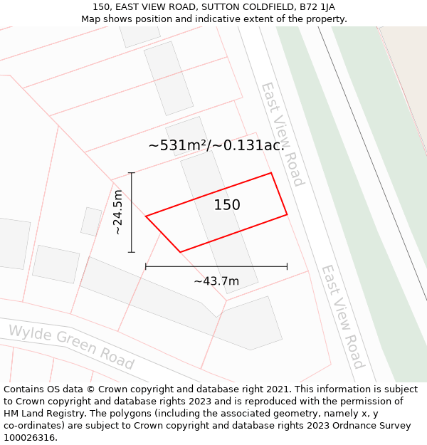 150, EAST VIEW ROAD, SUTTON COLDFIELD, B72 1JA: Plot and title map