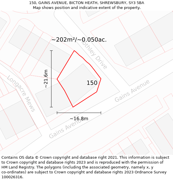 150, GAINS AVENUE, BICTON HEATH, SHREWSBURY, SY3 5BA: Plot and title map