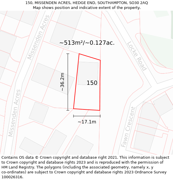 150, MISSENDEN ACRES, HEDGE END, SOUTHAMPTON, SO30 2AQ: Plot and title map