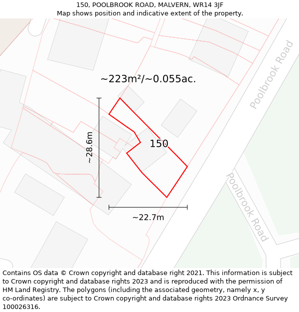 150, POOLBROOK ROAD, MALVERN, WR14 3JF: Plot and title map