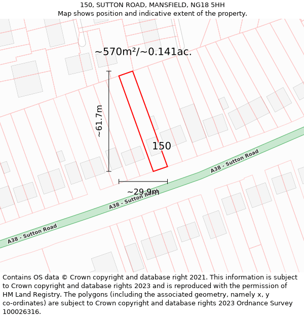 150, SUTTON ROAD, MANSFIELD, NG18 5HH: Plot and title map