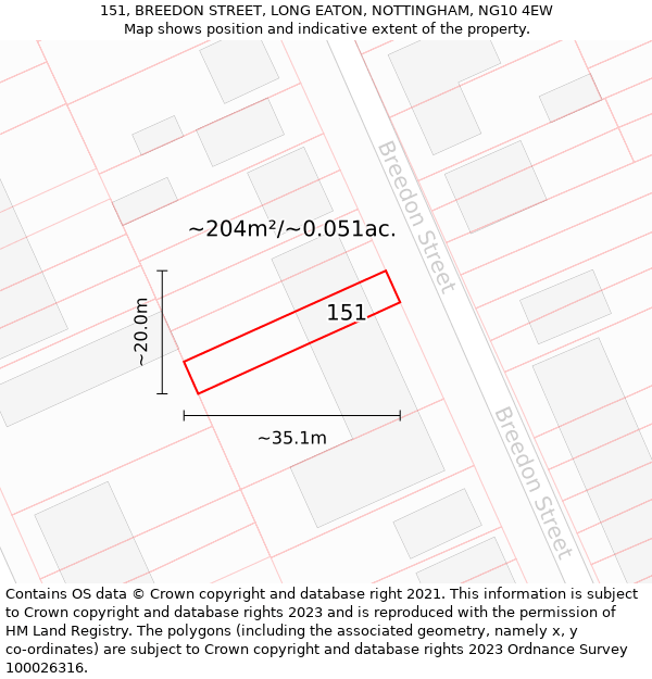 151, BREEDON STREET, LONG EATON, NOTTINGHAM, NG10 4EW: Plot and title map