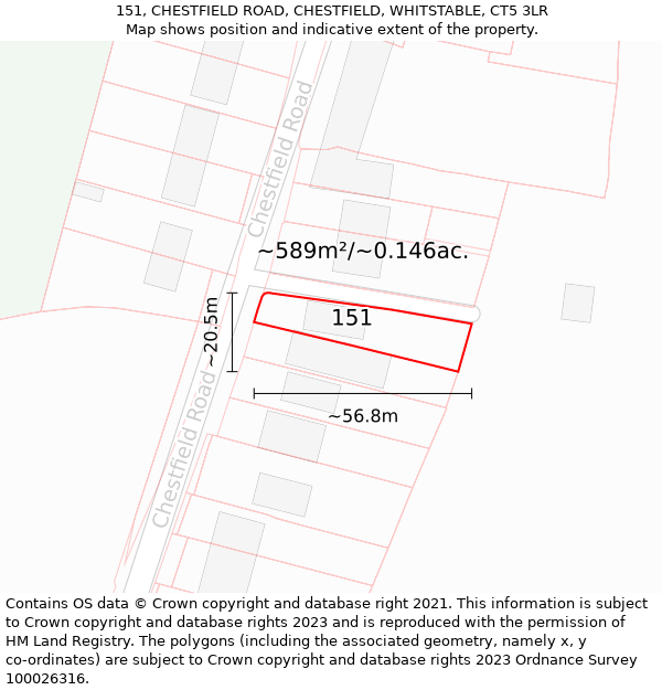 151, CHESTFIELD ROAD, CHESTFIELD, WHITSTABLE, CT5 3LR: Plot and title map