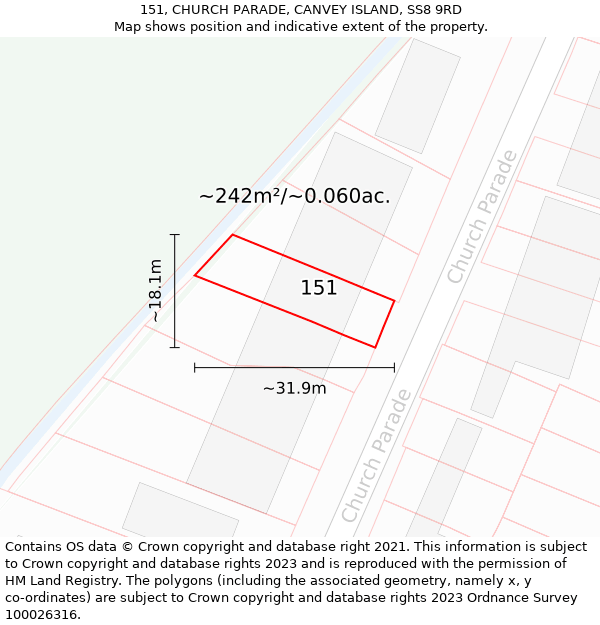 151, CHURCH PARADE, CANVEY ISLAND, SS8 9RD: Plot and title map