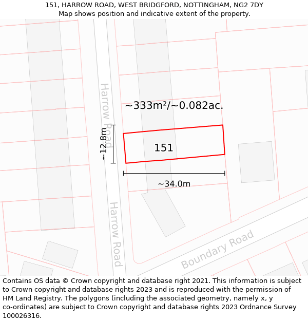 151, HARROW ROAD, WEST BRIDGFORD, NOTTINGHAM, NG2 7DY: Plot and title map