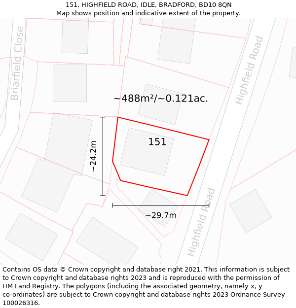 151, HIGHFIELD ROAD, IDLE, BRADFORD, BD10 8QN: Plot and title map