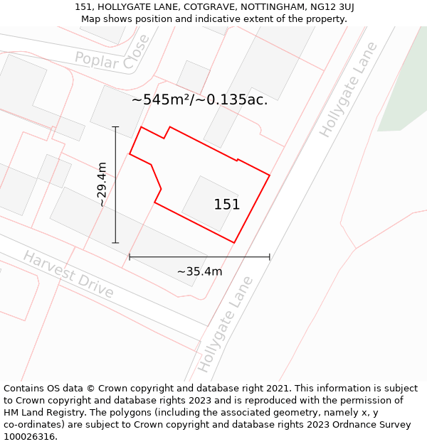 151, HOLLYGATE LANE, COTGRAVE, NOTTINGHAM, NG12 3UJ: Plot and title map