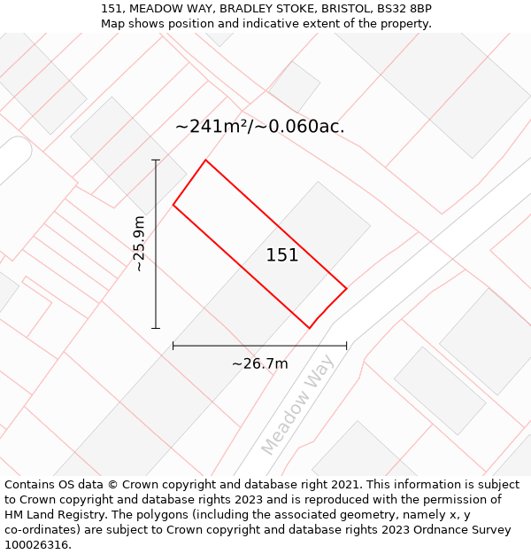 151, MEADOW WAY, BRADLEY STOKE, BRISTOL, BS32 8BP: Plot and title map