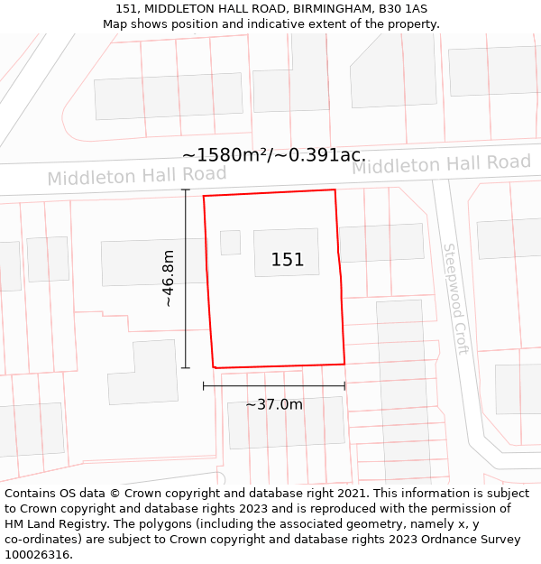 151, MIDDLETON HALL ROAD, BIRMINGHAM, B30 1AS: Plot and title map