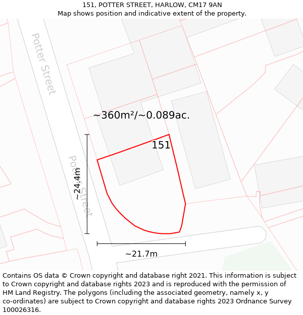 151, POTTER STREET, HARLOW, CM17 9AN: Plot and title map