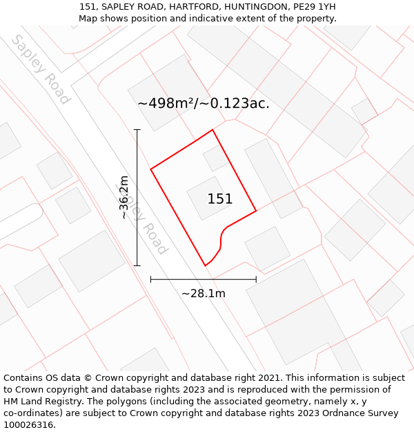 151, SAPLEY ROAD, HARTFORD, HUNTINGDON, PE29 1YH: Plot and title map