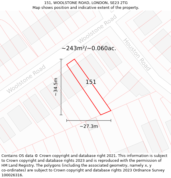 151, WOOLSTONE ROAD, LONDON, SE23 2TG: Plot and title map