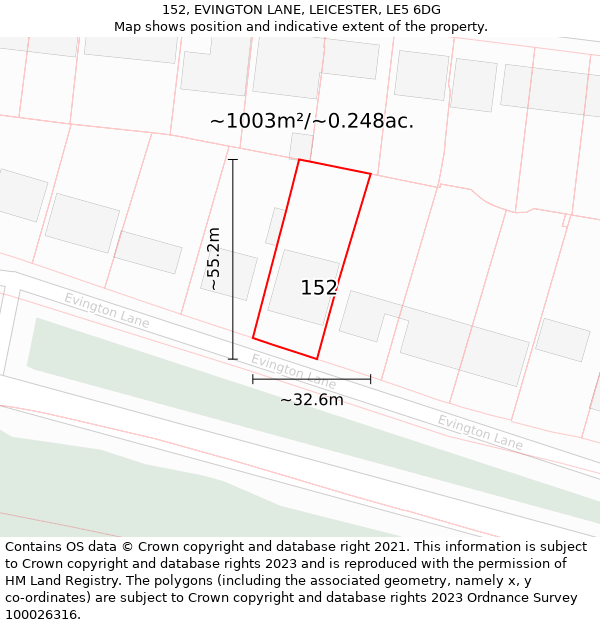 152, EVINGTON LANE, LEICESTER, LE5 6DG: Plot and title map