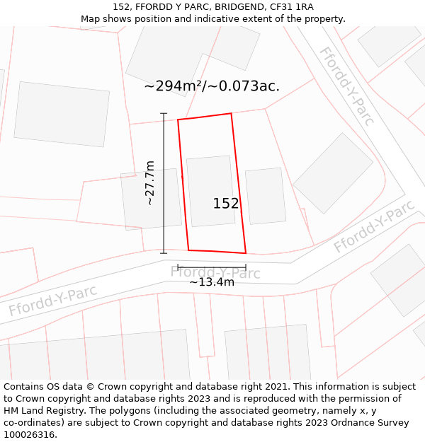 152, FFORDD Y PARC, BRIDGEND, CF31 1RA: Plot and title map