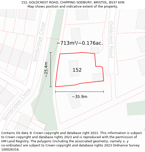 152, GOLDCREST ROAD, CHIPPING SODBURY, BRISTOL, BS37 6XN: Plot and title map