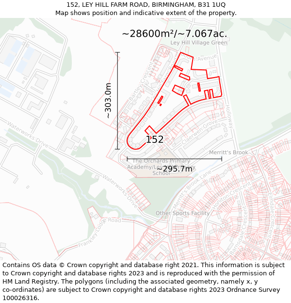 152, LEY HILL FARM ROAD, BIRMINGHAM, B31 1UQ: Plot and title map