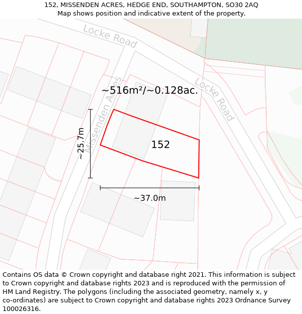 152, MISSENDEN ACRES, HEDGE END, SOUTHAMPTON, SO30 2AQ: Plot and title map