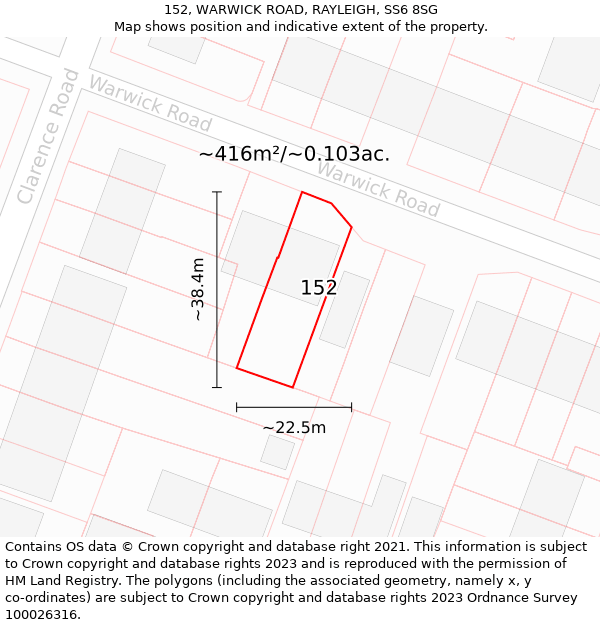 152, WARWICK ROAD, RAYLEIGH, SS6 8SG: Plot and title map