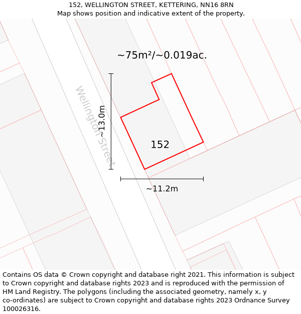 152, WELLINGTON STREET, KETTERING, NN16 8RN: Plot and title map