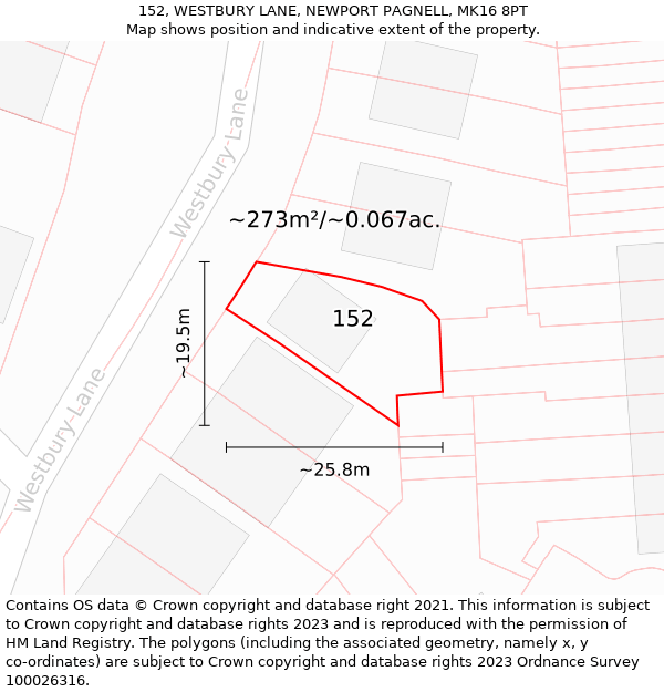 152, WESTBURY LANE, NEWPORT PAGNELL, MK16 8PT: Plot and title map