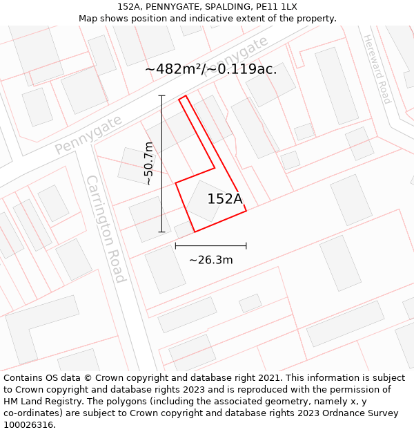 152A, PENNYGATE, SPALDING, PE11 1LX: Plot and title map