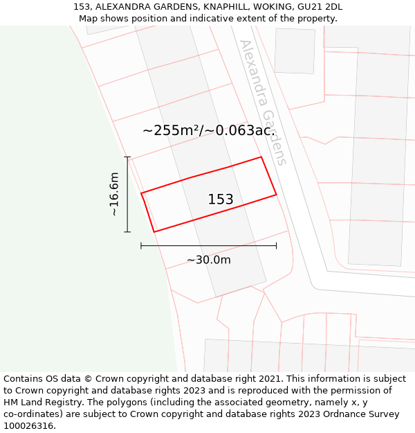 153, ALEXANDRA GARDENS, KNAPHILL, WOKING, GU21 2DL: Plot and title map