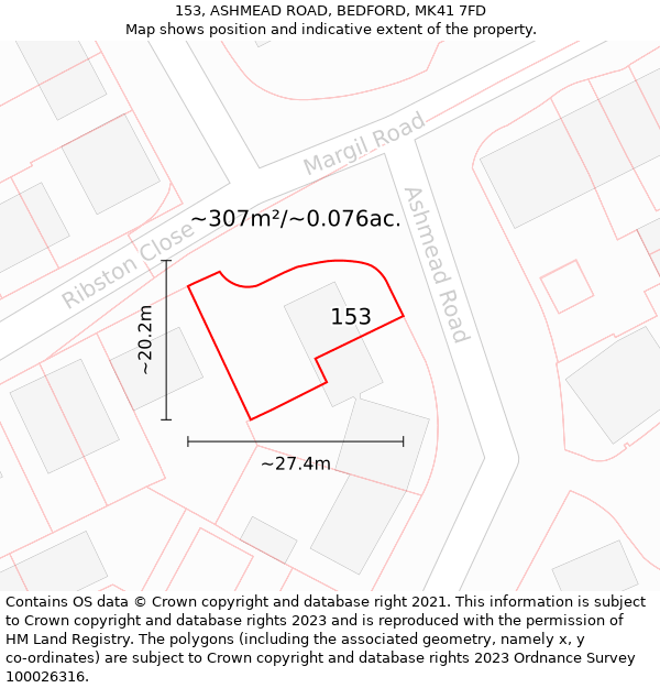 153, ASHMEAD ROAD, BEDFORD, MK41 7FD: Plot and title map