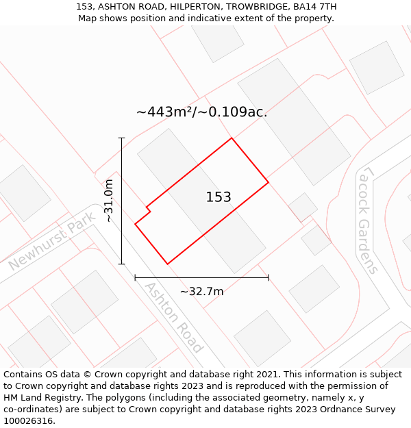 153, ASHTON ROAD, HILPERTON, TROWBRIDGE, BA14 7TH: Plot and title map