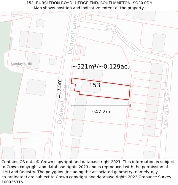 153, BURSLEDON ROAD, HEDGE END, SOUTHAMPTON, SO30 0DA: Plot and title map