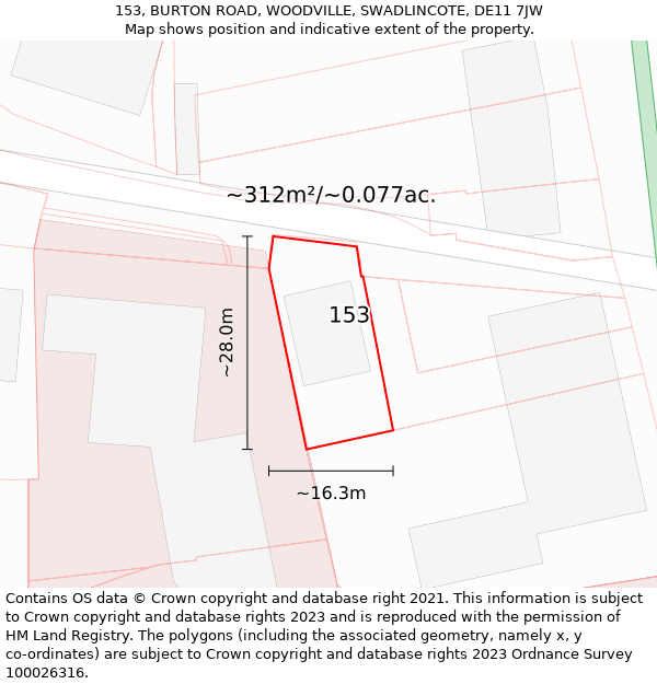 153, BURTON ROAD, WOODVILLE, SWADLINCOTE, DE11 7JW: Plot and title map