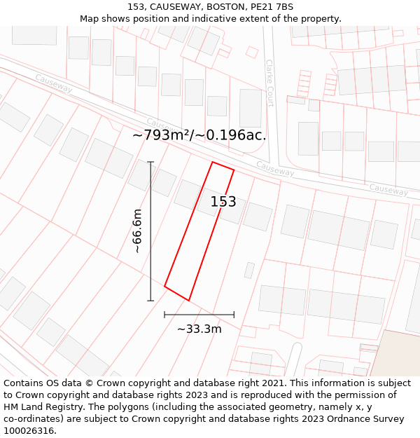 153, CAUSEWAY, BOSTON, PE21 7BS: Plot and title map