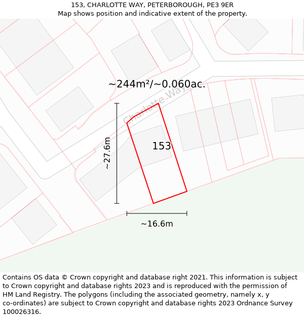 153, CHARLOTTE WAY, PETERBOROUGH, PE3 9ER: Plot and title map