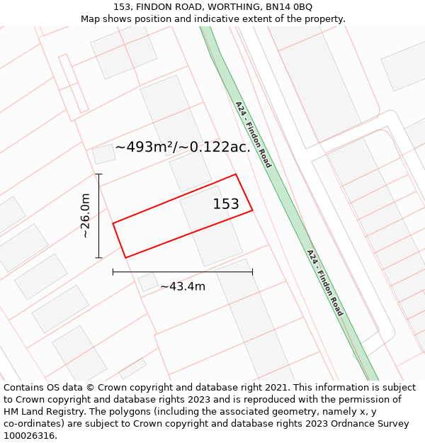 153, FINDON ROAD, WORTHING, BN14 0BQ: Plot and title map