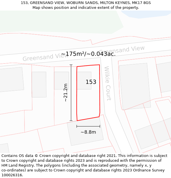 153, GREENSAND VIEW, WOBURN SANDS, MILTON KEYNES, MK17 8GS: Plot and title map