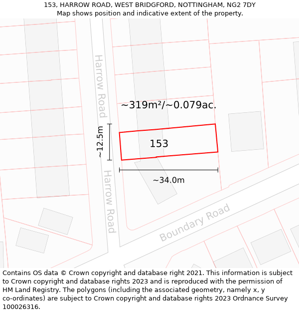 153, HARROW ROAD, WEST BRIDGFORD, NOTTINGHAM, NG2 7DY: Plot and title map