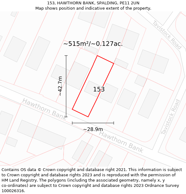 153, HAWTHORN BANK, SPALDING, PE11 2UN: Plot and title map