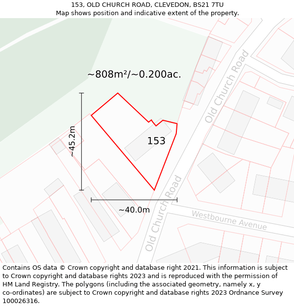 153, OLD CHURCH ROAD, CLEVEDON, BS21 7TU: Plot and title map