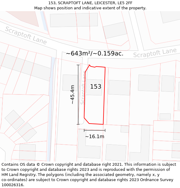 153, SCRAPTOFT LANE, LEICESTER, LE5 2FF: Plot and title map