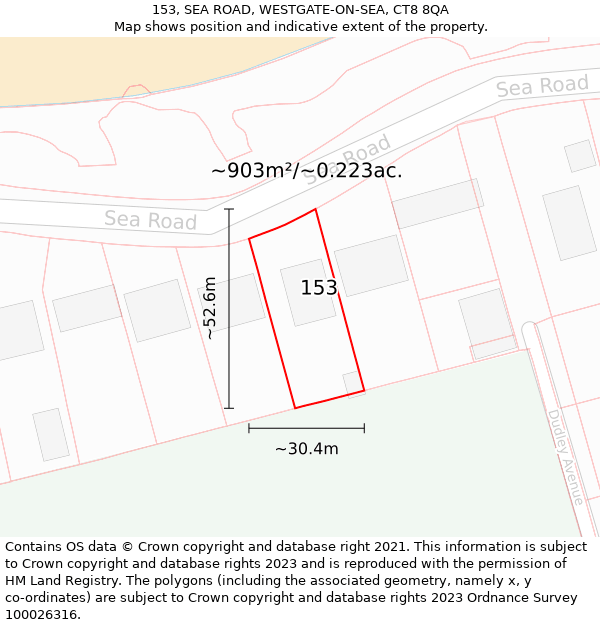 153, SEA ROAD, WESTGATE-ON-SEA, CT8 8QA: Plot and title map