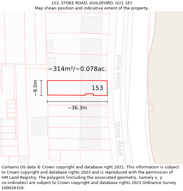 153, STOKE ROAD, GUILDFORD, GU1 1EY: Plot and title map