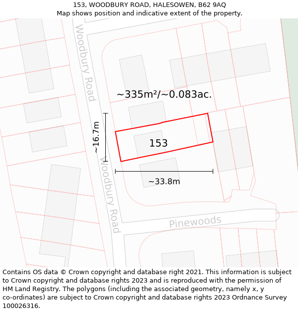 153, WOODBURY ROAD, HALESOWEN, B62 9AQ: Plot and title map