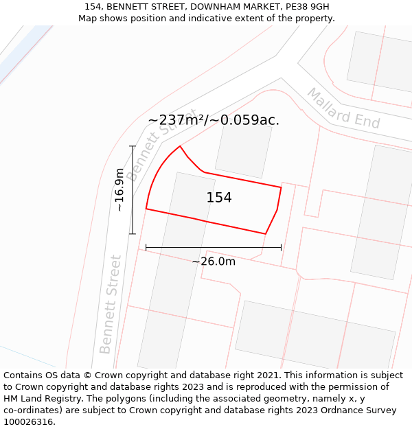 154, BENNETT STREET, DOWNHAM MARKET, PE38 9GH: Plot and title map
