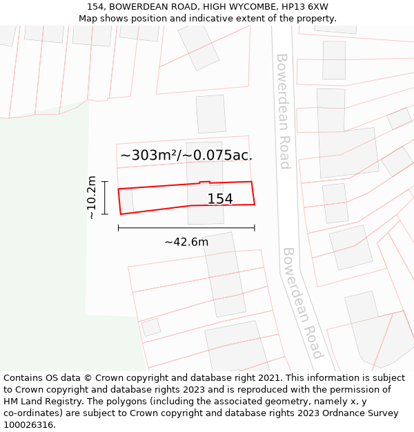 154, BOWERDEAN ROAD, HIGH WYCOMBE, HP13 6XW: Plot and title map