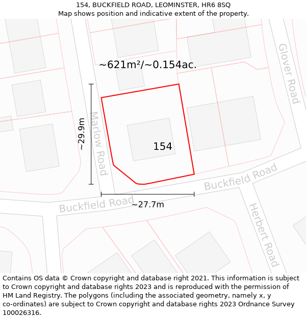154, BUCKFIELD ROAD, LEOMINSTER, HR6 8SQ: Plot and title map