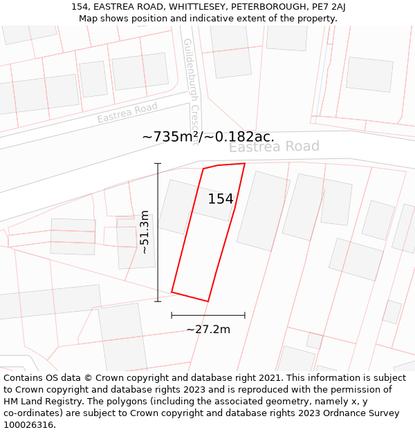 154, EASTREA ROAD, WHITTLESEY, PETERBOROUGH, PE7 2AJ: Plot and title map