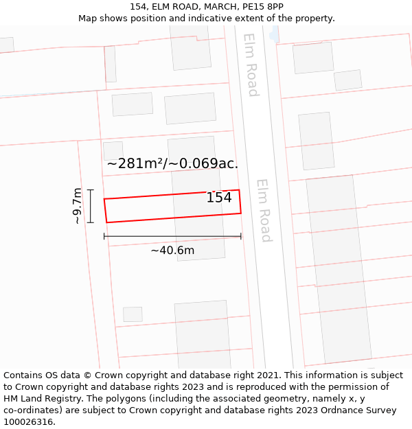 154, ELM ROAD, MARCH, PE15 8PP: Plot and title map